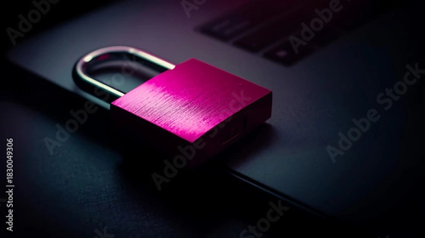 Fototapeta Pink lock on laptop symbolizes data safety online