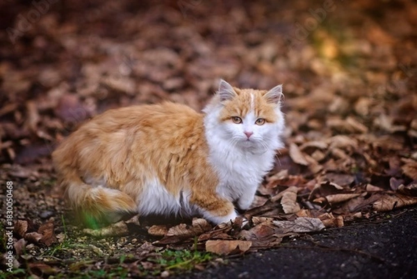 Fototapeta Cute stray kitten sitting among fallen foliage in autumn. Horizontal image with selective focus. 