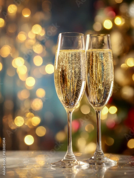 Fototapeta Two elegant champagne flutes filled with sparkling golden bubbles set against a festive background of warm, glowing lights perfect for celebration moments