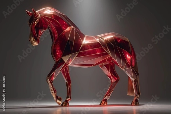Fototapeta Glossy red geometric stallion sculpture with golden facets, shining under studio light, symbolizing the Year of the Fire Horse