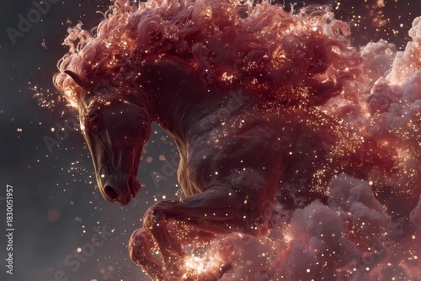Fototapeta Blazing red fantasy horse emerging from swirling smoke and glowing sparks, dramatic mystical creature symbolizing the Year of the Fire Horse in radiant celestial motion