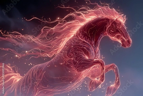 Fototapeta Luminous red horse made of swirling light patterns leaping through a glowing night sky, ethereal fantasy artwork embodying the Year of the Fire Horse with radiant flowing energy