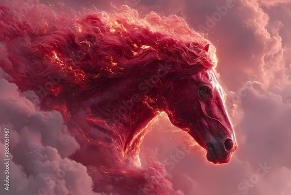 Fototapeta Fiery red horse emerging from glowing clouds with luminous mane, dramatic fantasy illustration symbolizing the Year of the Fire Horse in radiant warm celestial tones