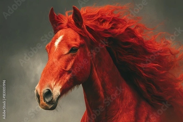 Fototapeta Fiery red horse with wind-blown mane against a stormy sky, vivid detailed illustration reflecting the power and spirit of the Year of the Fire Horse in dynamic warm tones