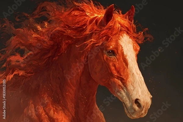Fototapeta Red fiery horse portrait with flowing flame-like mane on a warm red background, dynamic textured illustration symbolizing the Year of the Fire Horse in vivid orange and crimson tones