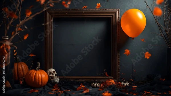 Fototapeta Spooky Halloween frame with pumpkins and balloon