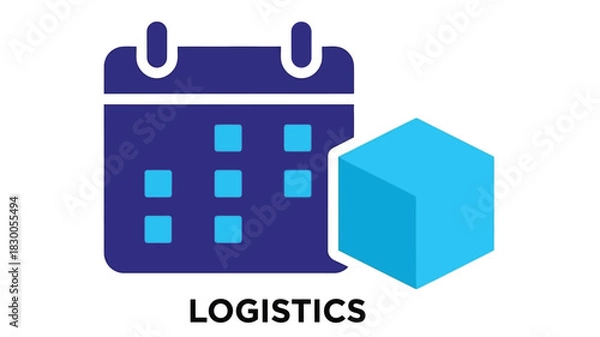 Obraz Calendar icon with a blue cube and the word logistics below it flat design