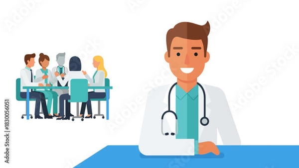 Obraz Friendly medical team meeting with smiling doctor in flat design