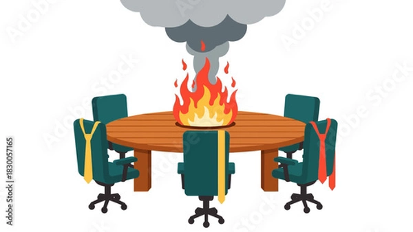 Obraz Office crisis concept with burning table and empty chairs