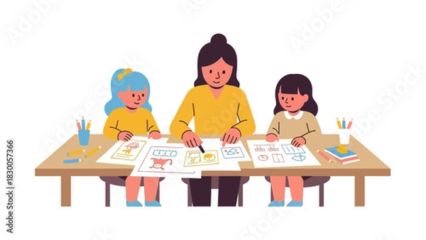 Obraz Creative art class with kids drawing at a table in flat style