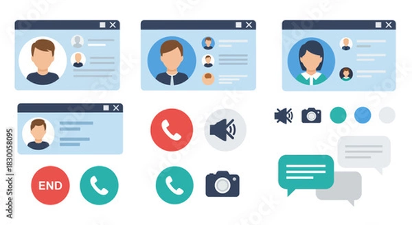 Obraz Flat design video call interface elements with user avatars and communication icons