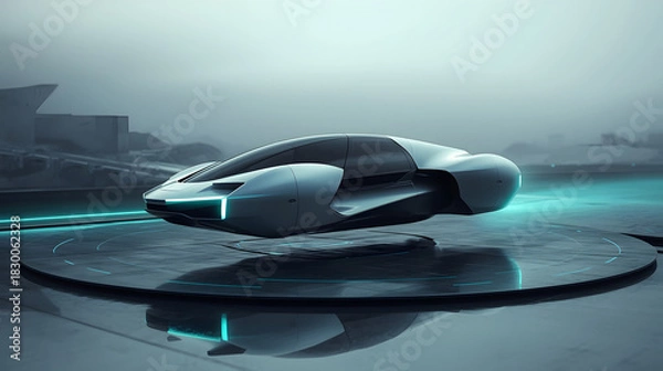 Fototapeta Futuristic hovering car on illuminated landing platform at dusk