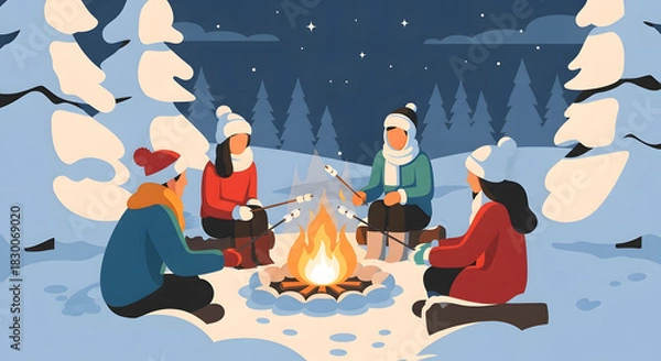 Fototapeta Winter Campfire Gathering