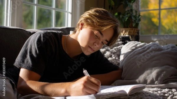 Obraz A teenager writing poetry in a diary, lying on a couch with soft sunlight streaming through a window. 