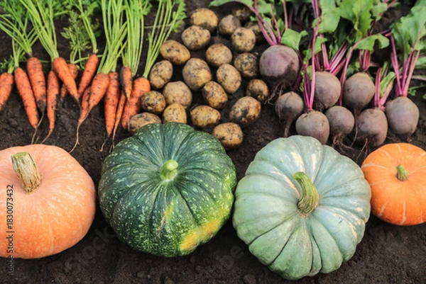 Obraz Organic vegetables in garden. Autumn harvest of fresh dirty carrot, beetroot, pumpkins and potatoes on soil ground. Harvesting, cultivation