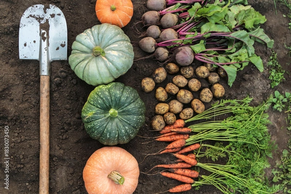 Obraz Autumn vegetables harvest background texture. Fresh raw organic carrot, beetroot, potatoes and pumpkins on soil, ground with shovel on garden bed top view