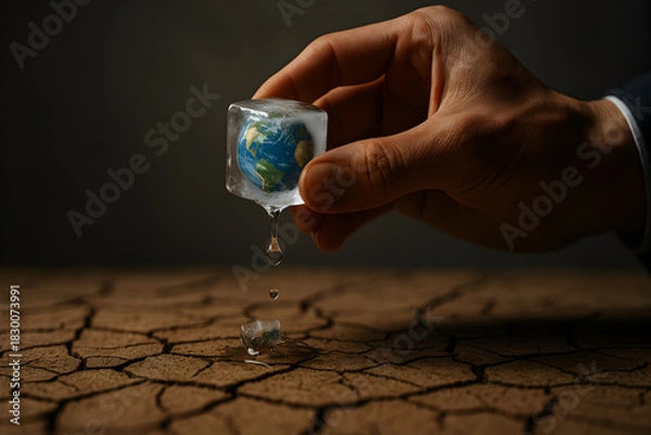 Obraz Hand holding melting ice cube with tiny planet Earth dripping onto cracked soil, powerful global warming and climate crisis metaphor

