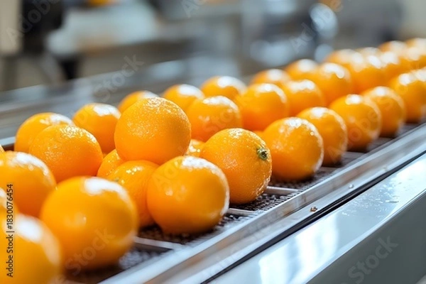 Obraz Ripe oranges on shiny conveyor system in fruit processing facility