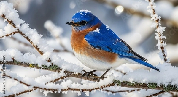 Obraz A blue and white bird is perched on a branch covered in snow. Concept of tranquility and peacefulness, as the bird is surrounded by the quiet beauty of a snowy landscape