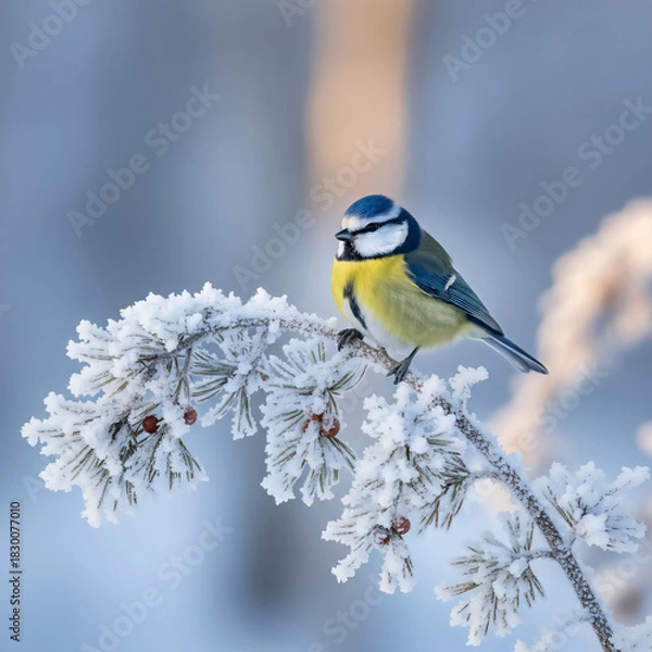 Obraz A blue and yellow bird is perched on a branch covered in snow. Concept of tranquility and peacefulness, as the bird is surrounded by the serene winter landscape