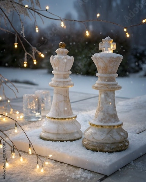 Fototapeta Elegant Chess Pieces Adorned with Snow and Warm Fairy Lights in Winter