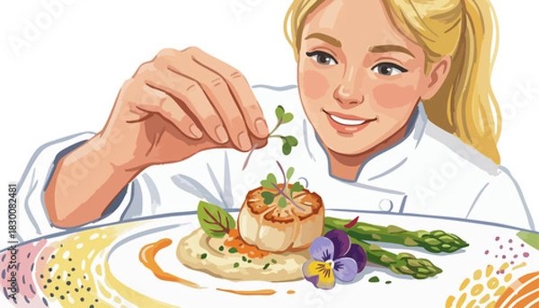 Fototapeta Chef's touch. Plating perfection. Culinary artistry professionalism. Fine dining detail presentation. Focused female chef expertly applying the final, delicate garnish to meticulously plated dish