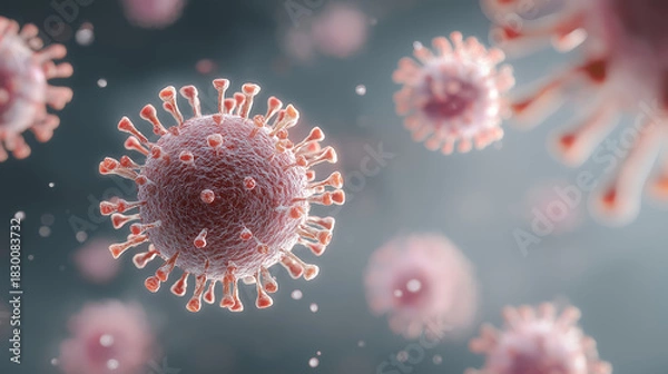 Fototapeta Detailed scientific close-up visualization of virus particles floating in microscopic environment showing biology structure and medical research concept background