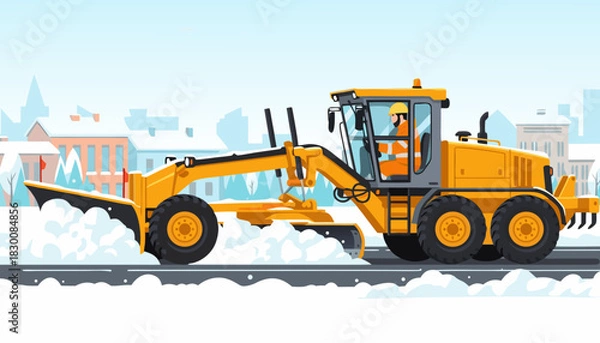 Obraz Grader machine removing compacted snow from roads in winter landscape, vector   