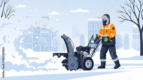 Obraz Worker using high volume blower to clear snow off urban path, vector   