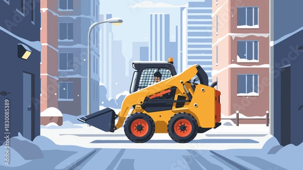 Obraz Skid steer navigating a narrow apartment complex in winter snow, vector 