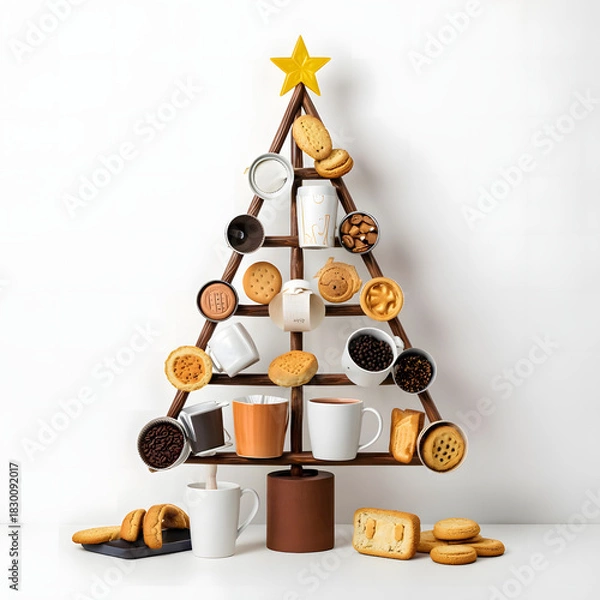 Fototapeta Creative Christmas tree made from coffee shop items: cups, espresso machines, coffee beans, milk cartons, and pastries. Cozy vibe, clean white background with space for tex