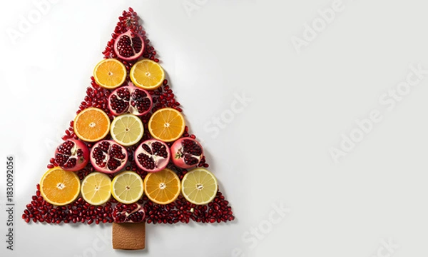 Fototapeta Creative fruit Christmas tree with pomegranates, apples, citrus, rosemary, and dried orange slices, styled for a warm festive atmosphere
