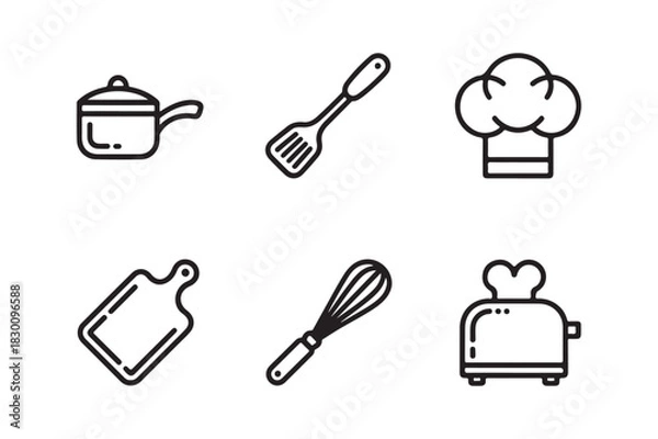 Fototapeta Simple line art icons of kitchen utensils and chef hat