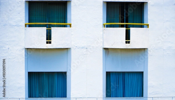 Fototapeta Front view of a tall hotel building with a bright blue cloudy sky in the background. Window hotel with vintage design in center of the town. Hotel at the city metropolitan concept