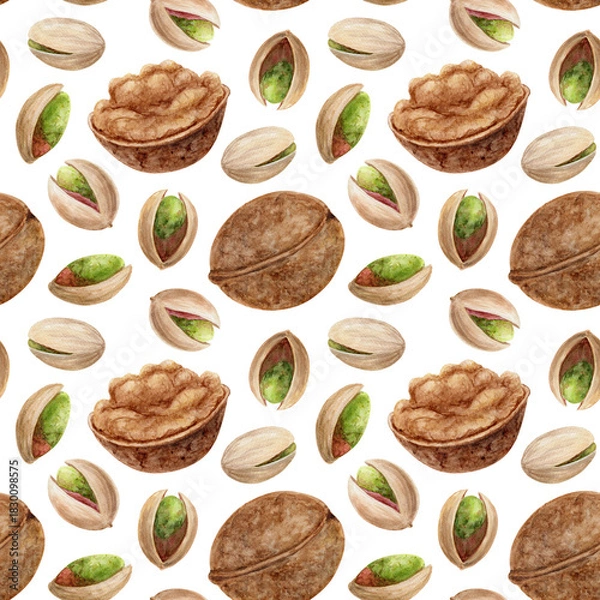 Fototapeta Walnuts and pistachios in shells, watercolor seamless pattern on a white background. Hand-drawn illustration of healthy snacks.