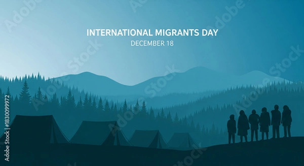 Obraz International Migrants Day graphic with silhouetted figures by forest and tents, evoking themes of displacement, borders, and journeys on December 18th