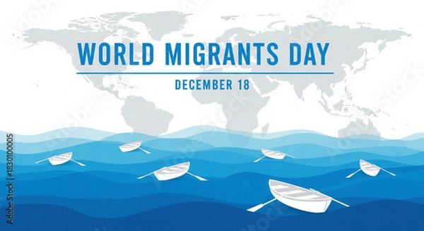 Obraz Celebrate World Migrants Day on December 18th with compassion, showing boats on the ocean symbolizing journeys and global connections to promote awareness