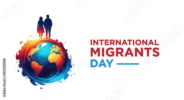 Fototapeta Couple stands on vibrant earth globe celebrating International Migrants Day, symbolizing global unity and shared humanity, promoting empathy and awareness for migrants' contributions.