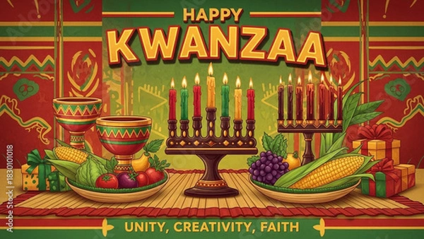 Obraz Celebrate Happy Kwanzaa with vibrant candles, stars, and festive colors, perfect for holiday greetings and cultural events, embodying unity and African heritage beautifully
