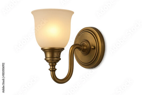 Fototapeta Classic brass wall sconce with glowing shade isolated on transparent background.