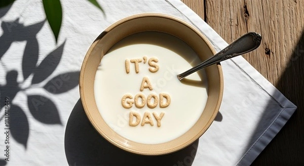 Fototapeta A breakfast bowl of cereal with the phrase "It's a Good Day" spelled out.