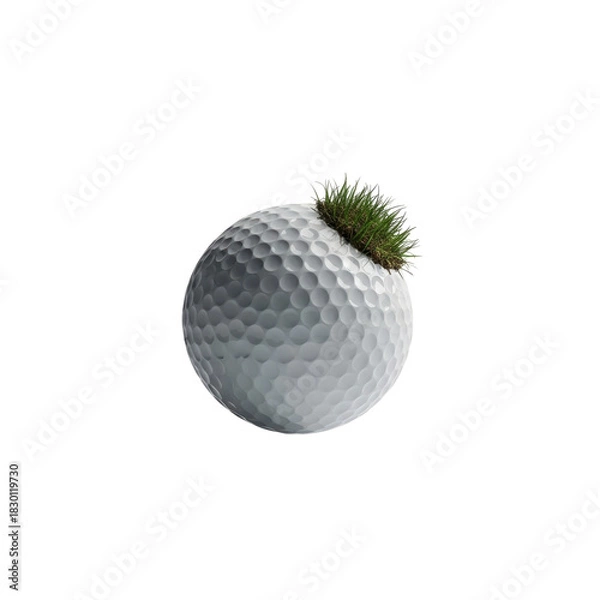 Fototapeta A golf ball with a patch of green grass growing out of it, isolated on a white background, symbolizing nature and sports.