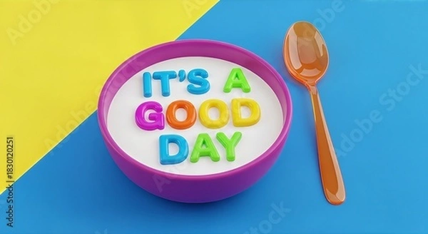 Fototapeta A bowl of cereal with colorful letter-shaped pieces spelling &quot;It's a good day&quot; sits next to an orange spoon on a blue and yellow background.