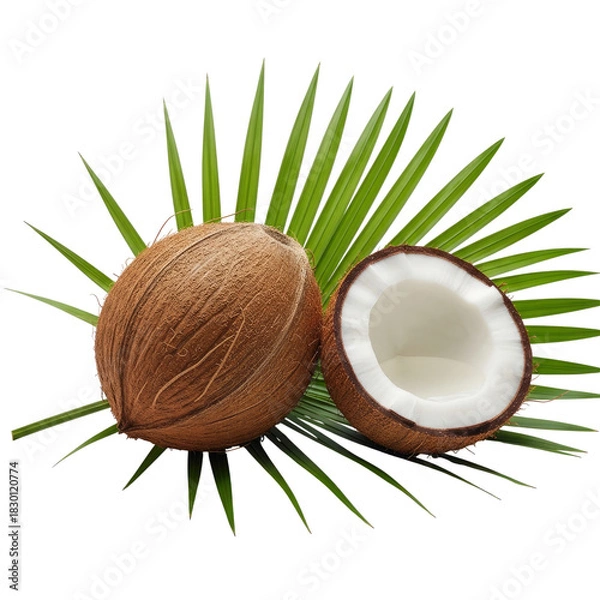 Fototapeta A whole coconut and a halved coconut revealing the white flesh, resting on a vibrant green palm frond against a white background.