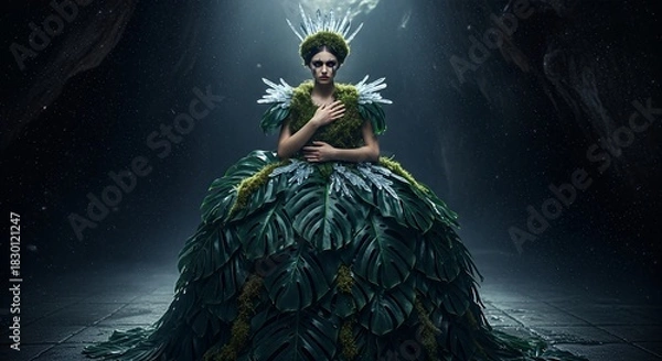 Fototapeta A woman wearing a gown made of lush green leaves sits regally, adorned with a leafy crown, in a dimly lit, mysterious setting.