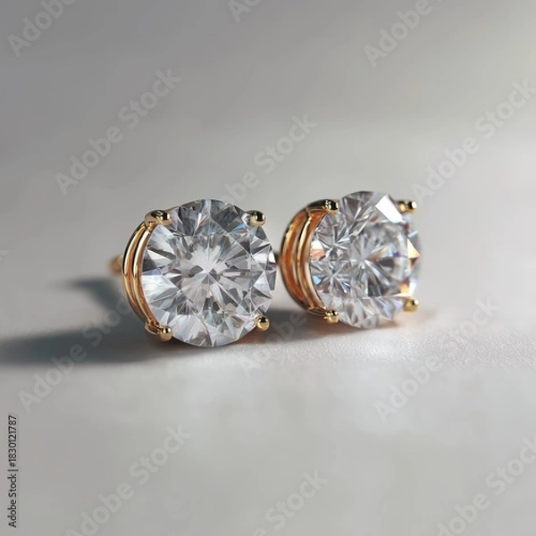 Fototapeta Classic round brilliant diamond stud earrings in yellow gold prong settings, perfectly matched and resting on soft warm grey surface, radiating timeless elegance and symmetry