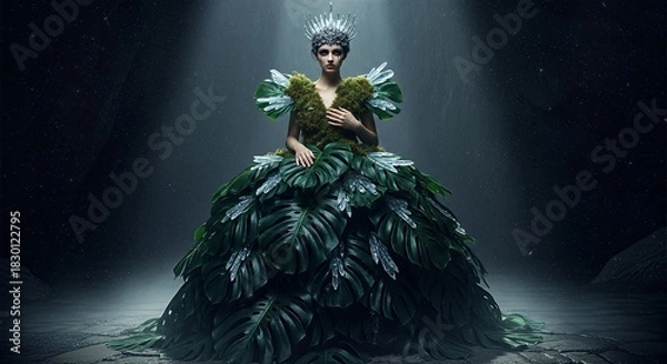 Fototapeta A regal figure adorned in a dress crafted from lush green foliage, illuminated by a spotlight.