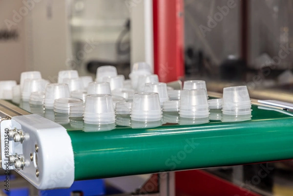 Obraz Production line for the production of plastic packaging by injection molding. Small round disposable containers on a conveyor, automation and modern production technologies