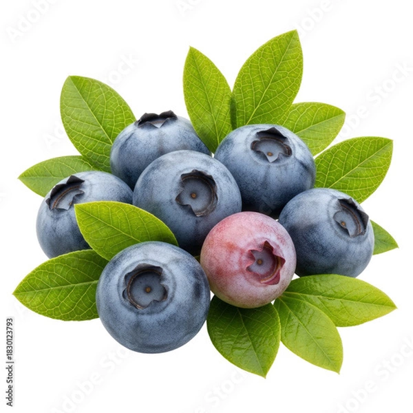 Fototapeta A cluster of blueberries, some ripe and blue, one with a pinkish hue, surrounded by fresh green leaves, isolated on a white background.