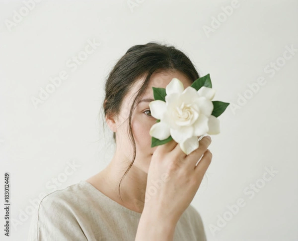 Fototapeta Woman's face partially hidden by a single white gardenia flower held close to her eye, minimalist natural beauty portrait on a bright background